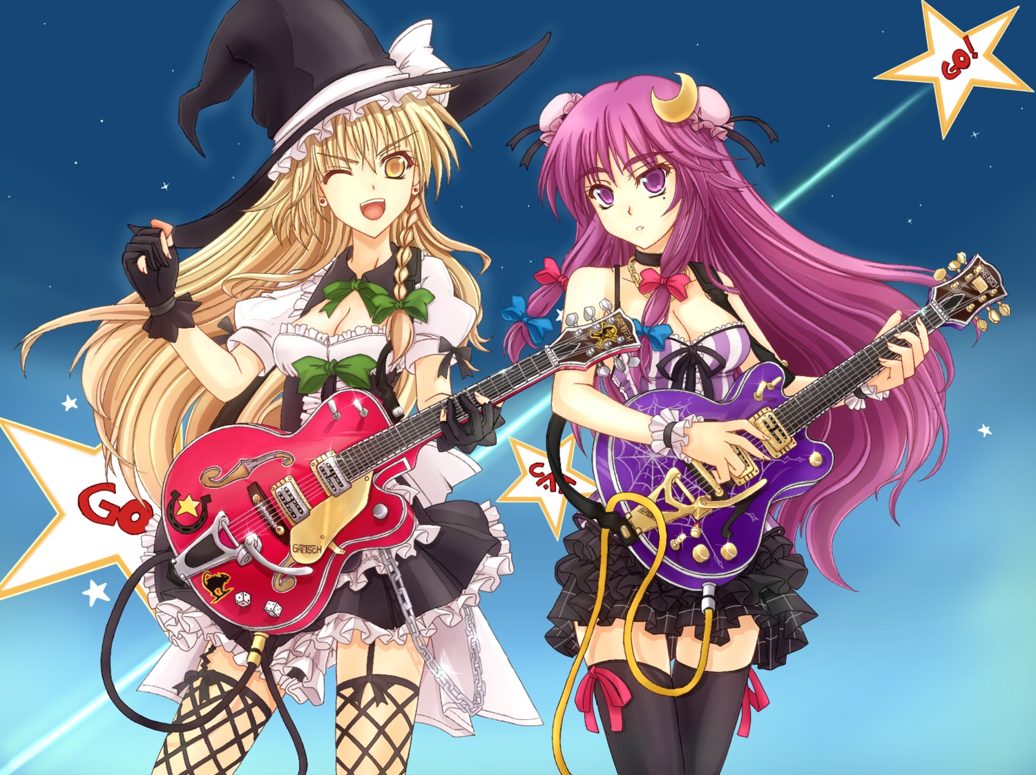 cleavage, fishnets, guitar, kirisame_marisa, mickey_dunn, patchouli_knowledge, stockings, thighhighs