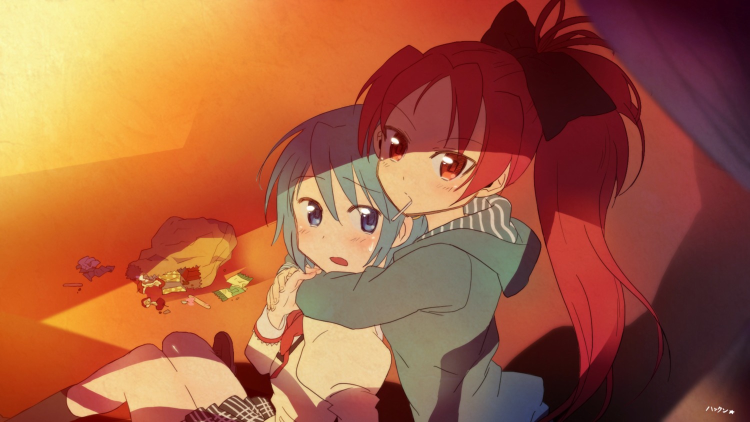 hakko, mahou_shoujo_madoka_magica, miki_sayaka, sakura_kyouko, seifuku, wallpaper