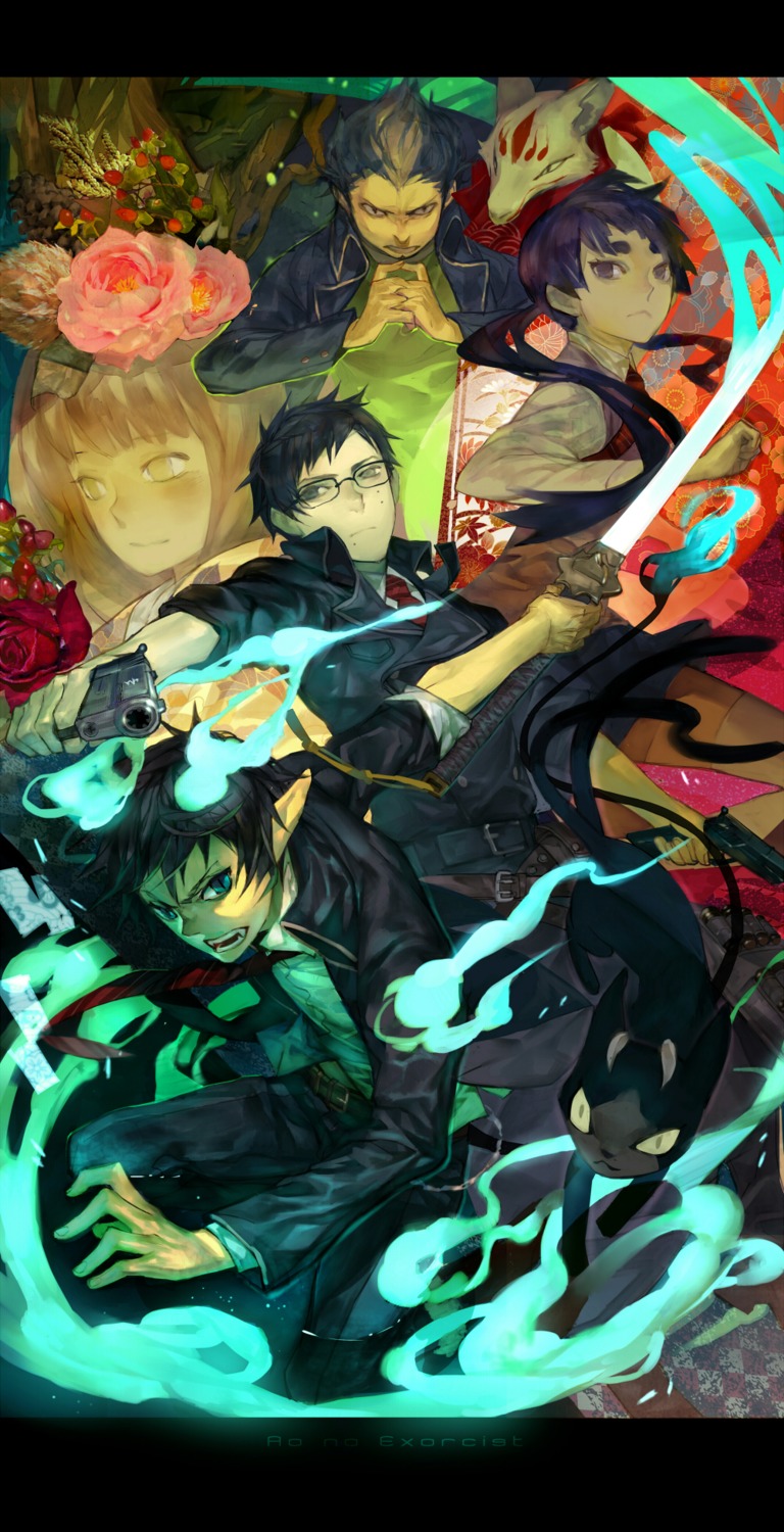 ao_no_exorcist, kamiki_izumo, kuro_(ao_no_exorcist), moriyama_shiemi, okumura_rin, okumura_yukio, shishio5431, suguro_ryuji