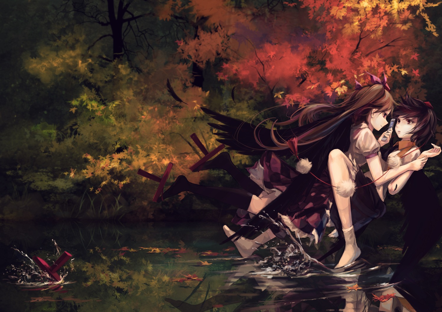 himekaidou_hatate, jq, shameimaru_aya, touhou, wings, yuri