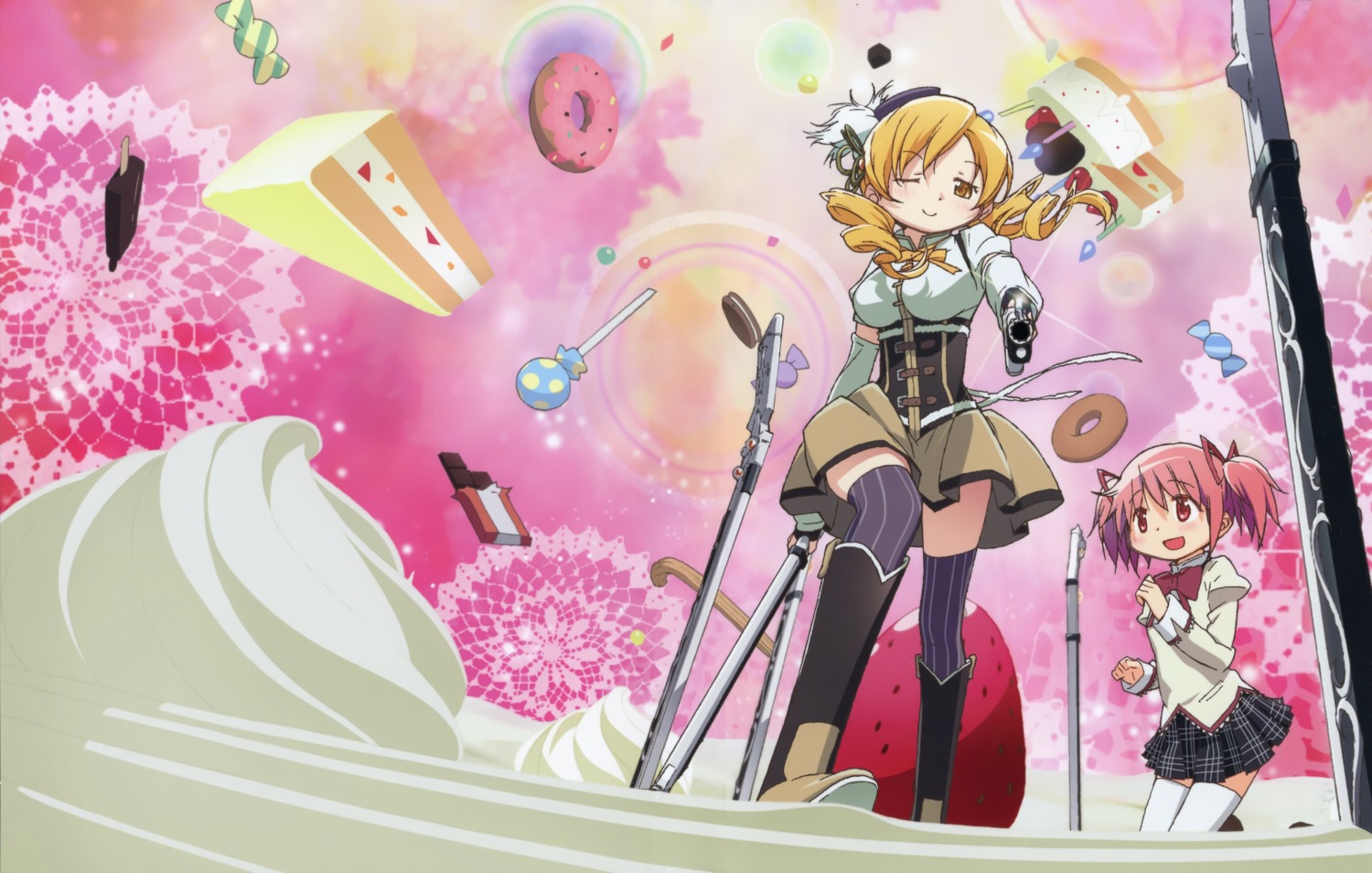 disc_cover, gun, kaname_madoka, kishida_takahiro, mahou_shoujo_madoka_magica, seifuku, thighhighs, tomoe_mami