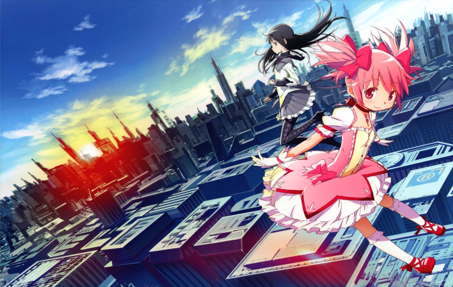 akemi_homura, disc_cover, kaname_madoka, kishida_takahiro, landscape, mahou_shoujo_madoka_magica
