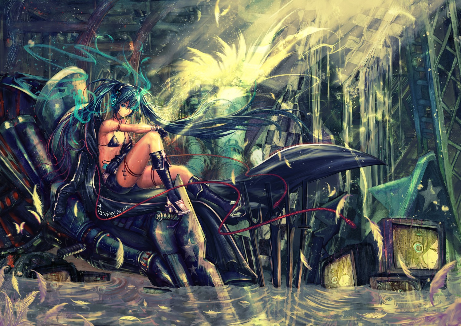 bikini_top, black_rock_shooter, black_rock_shooter_(character), edenfox, headphones, swimsuits, vocaloid