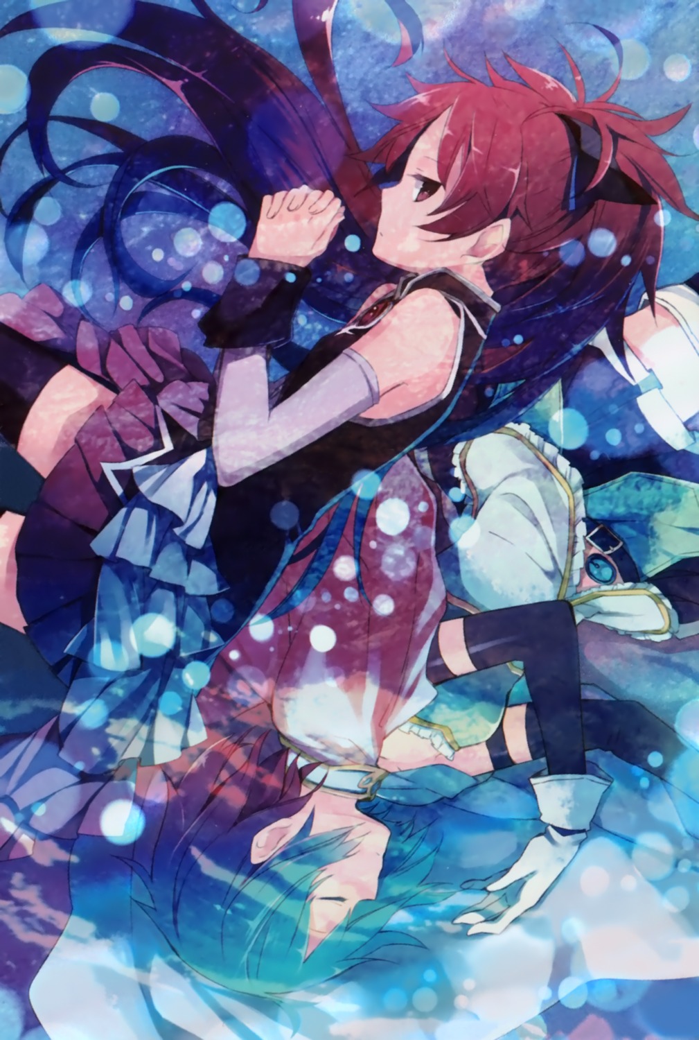hanokage, mahou_shoujo_madoka_magica, miki_sayaka, sakura_kyouko, thighhighs