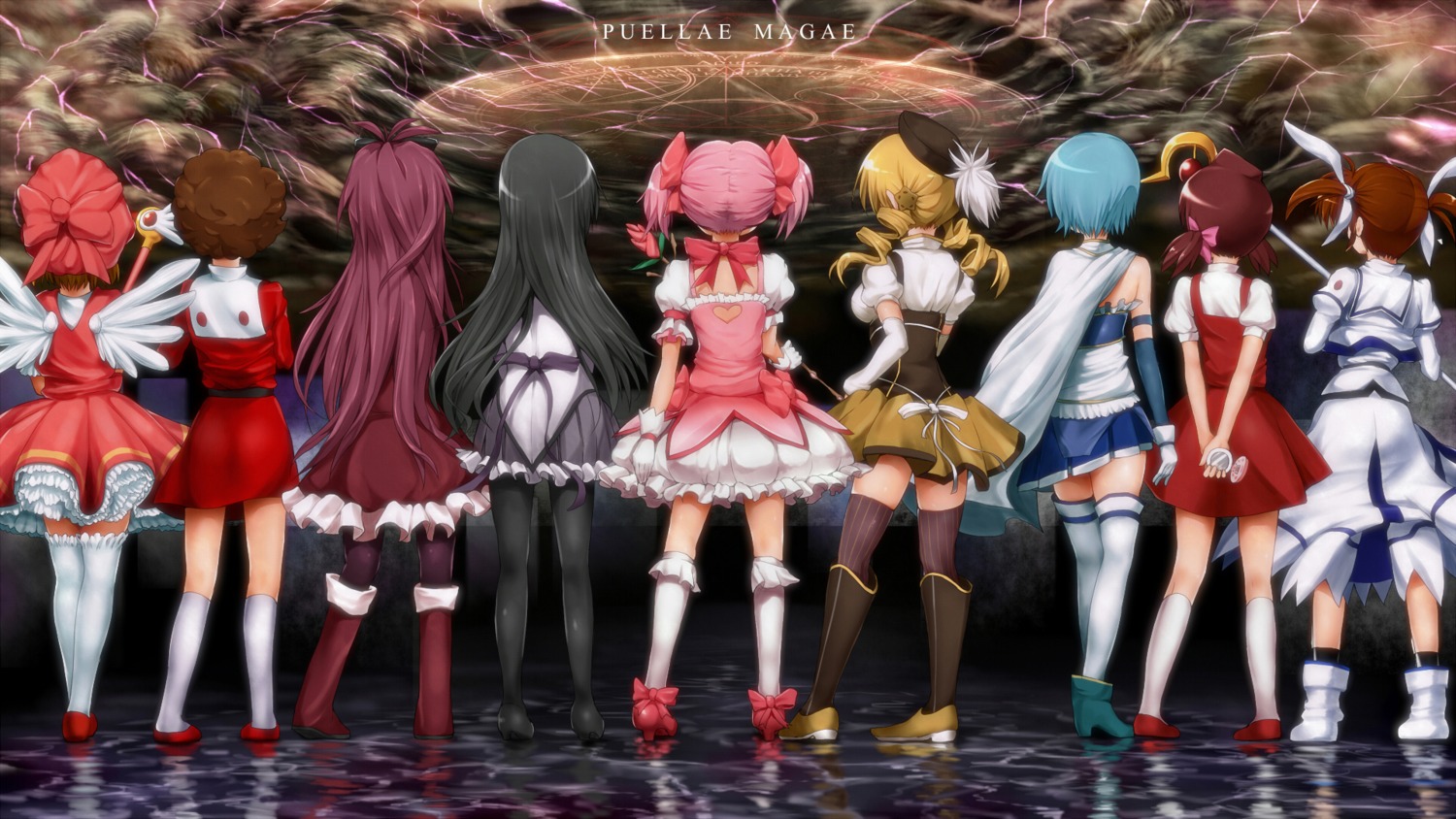 akemi_homura, blastbeat, card_captor_sakura, crossover, dress, himitsu_no_akko-chan, kagami_atsuko, kaname_madoka, kinomoto_sakura, mahou_shoujo_lyrical_nanoha, mahou_shoujo_madoka_magica, mahou_tsukai_sally, miki_sayaka, pantyhose, sakura_kyouko, takamachi_nanoha, thighhighs, tomoe_mami, wallpaper, wings, yumeno_sally