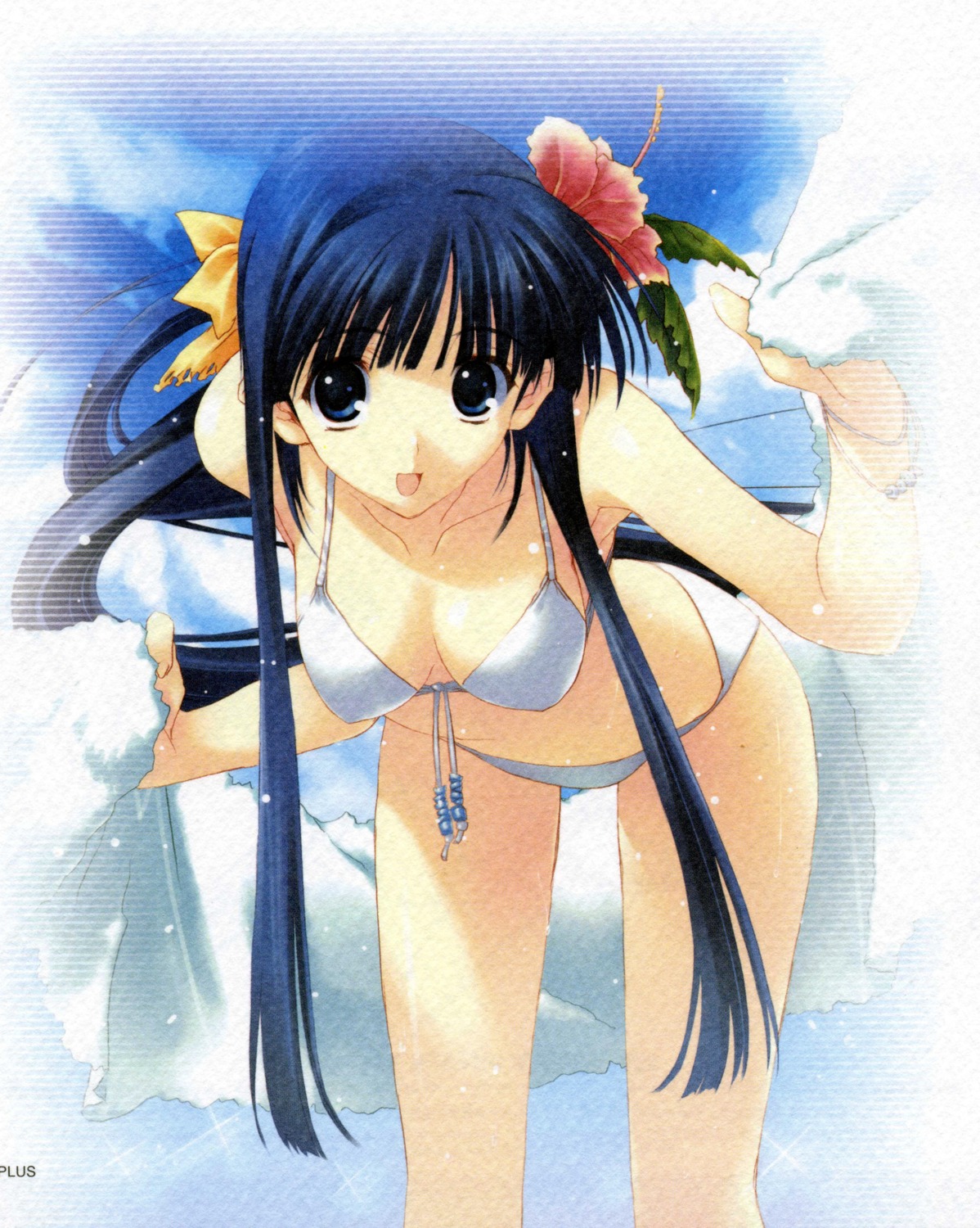 bikini, cleavage, kusakabe_yuuki, leaf, nakamura_takeshi, paper_texture, screening, swimsuits, to_heart_(series), to_heart_2, to_heart_2_xrated, towel