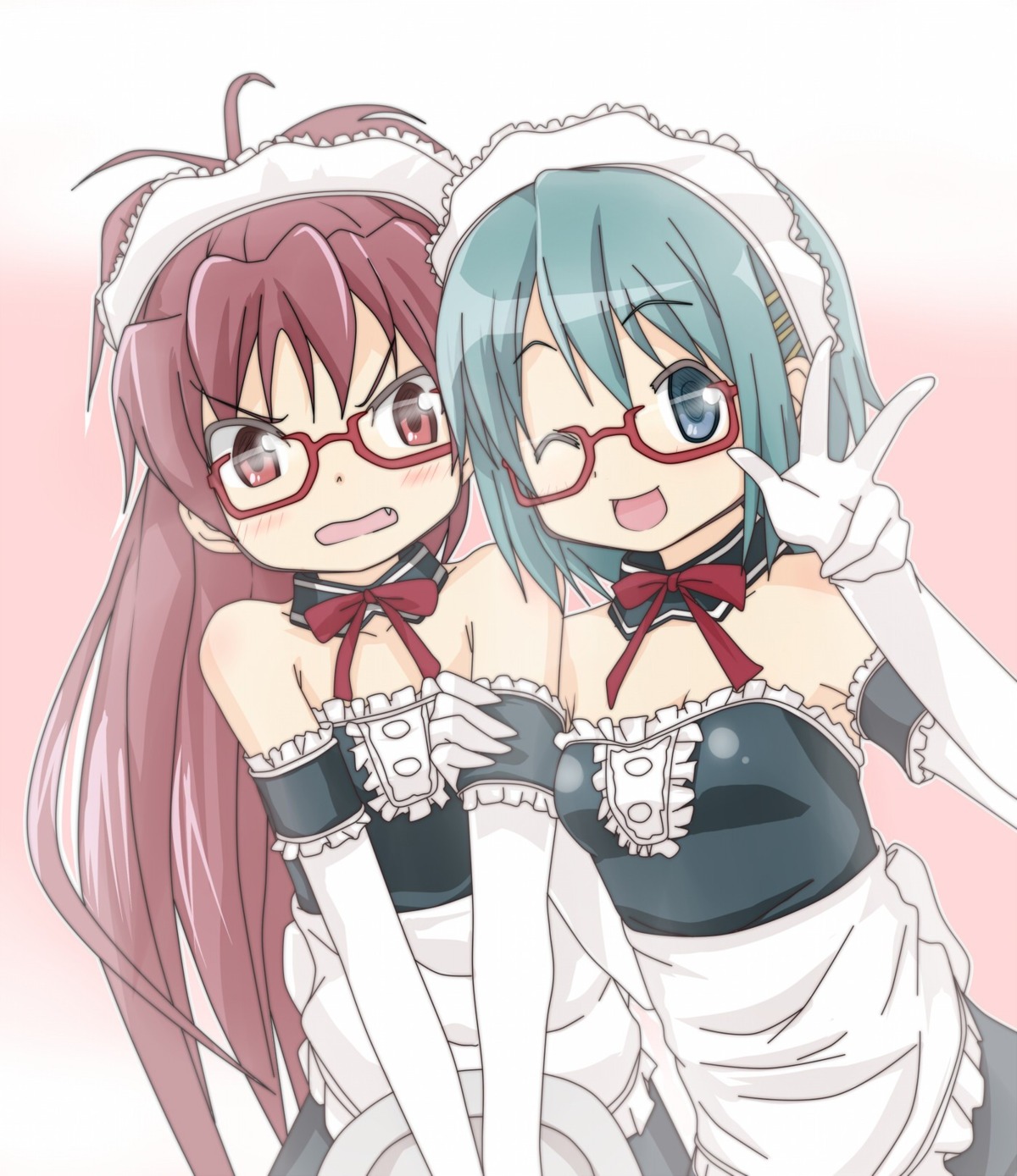 hangaku, mahou_shoujo_madoka_magica, megane, miki_sayaka, sakura_kyouko, waitress
