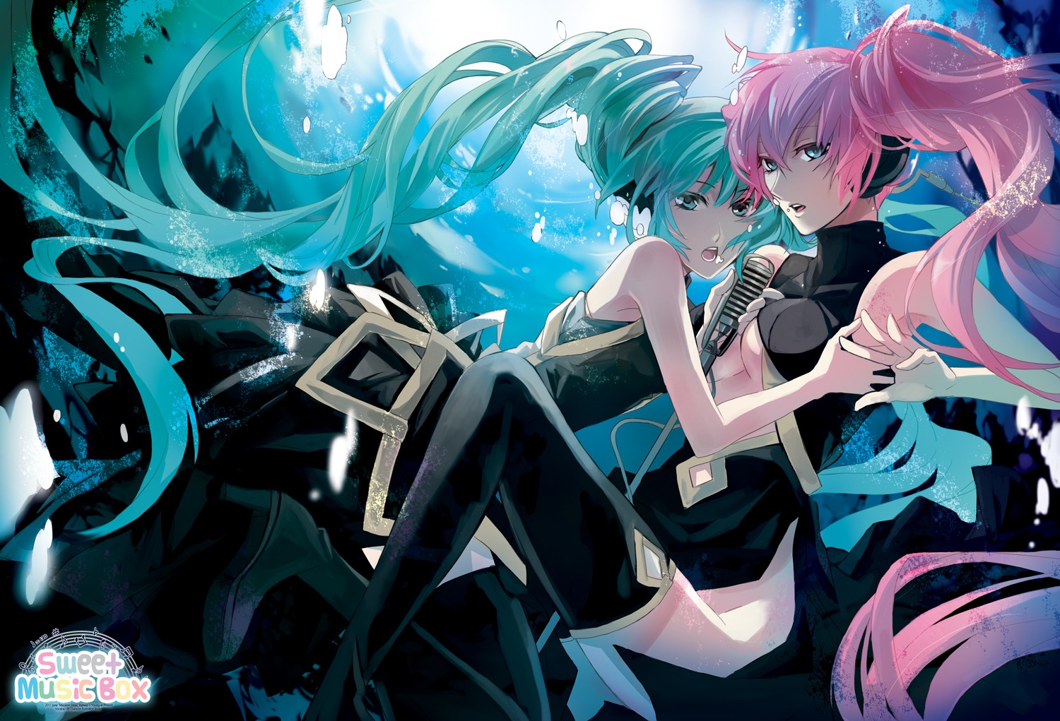 hatsune_miku, headphones, megurine_luka, rahwia, thighhighs, vocaloid
