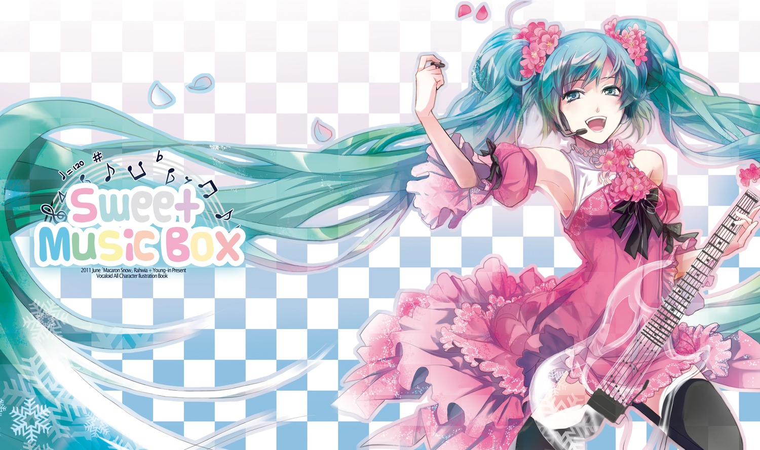 dress, guitar, hatsune_miku, headphones, rahwia, thighhighs, vocaloid