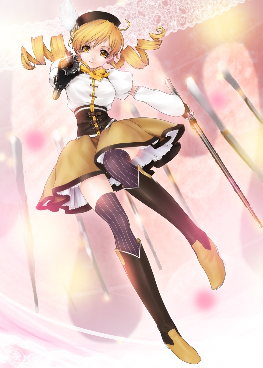 gun, kunishige_keiichi, mahou_shoujo_madoka_magica, thighhighs, tomoe_mami