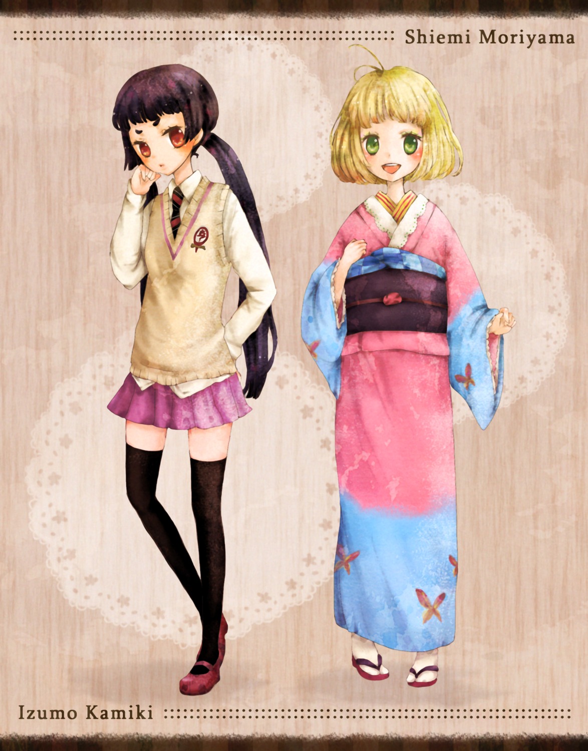ao_no_exorcist, kamiki_izumo, kimono, moriyama_shiemi, mxnxm, seifuku, thighhighs