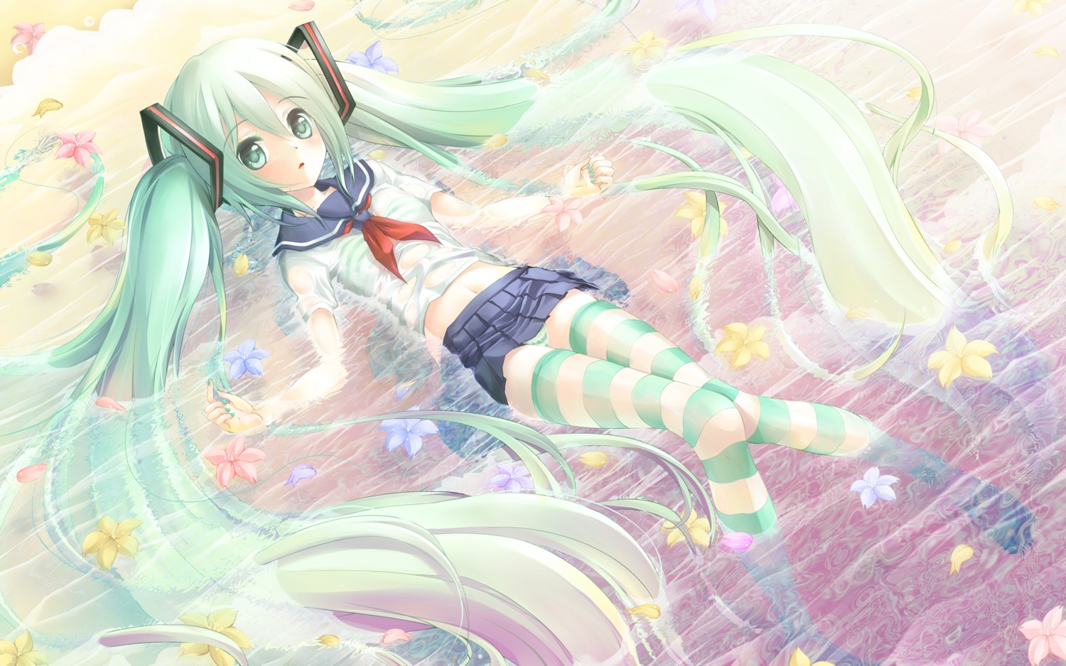 hatsune_miku, pantsu, shimapan, thighhighs, tirumu, vocaloid, wallpaper