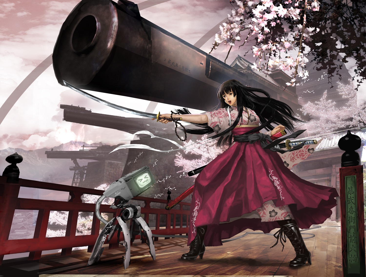 gun, japanese_clothes, sword, vanipo