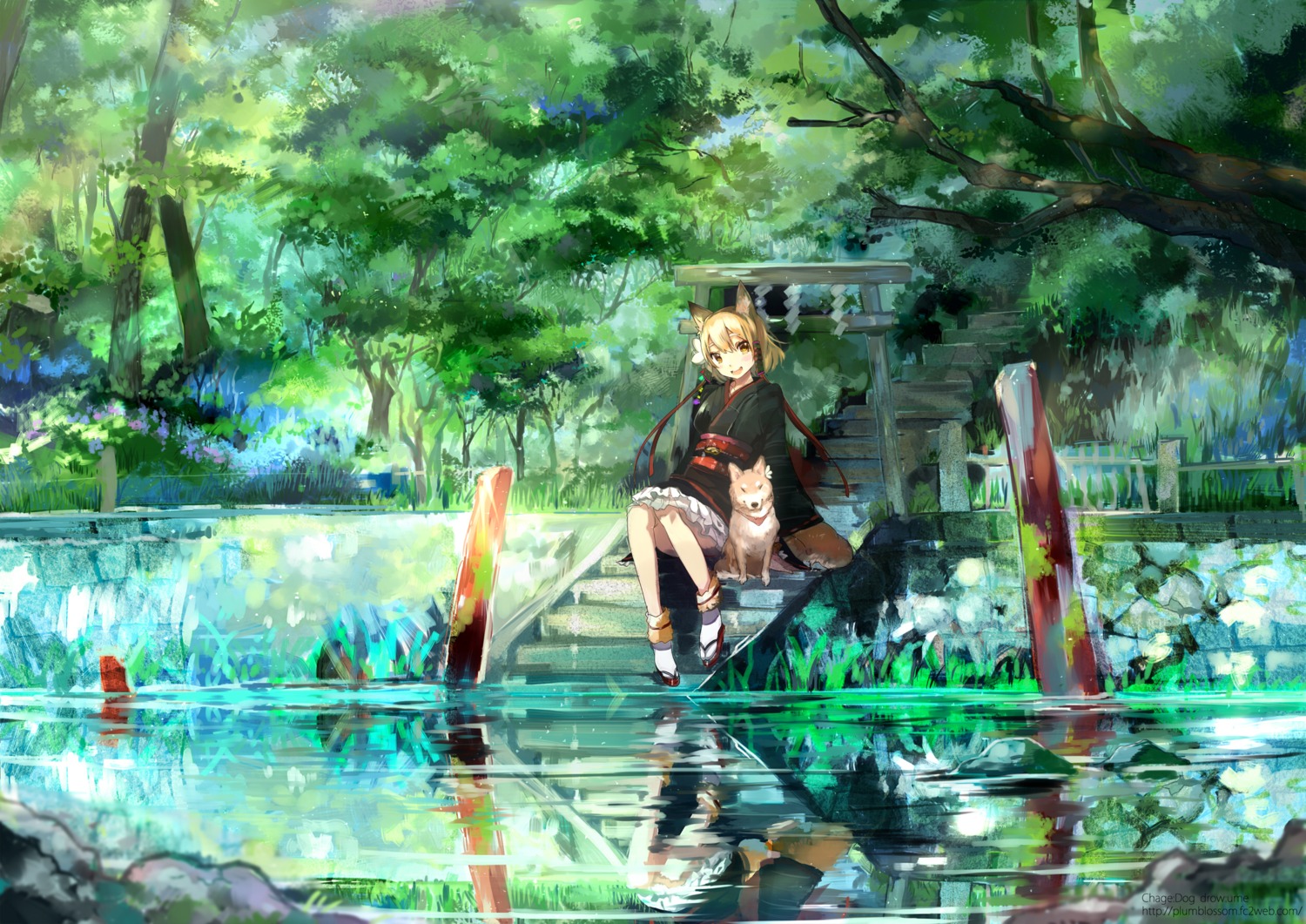 animal_ears, landscape, ume_(plumblossom), yukata