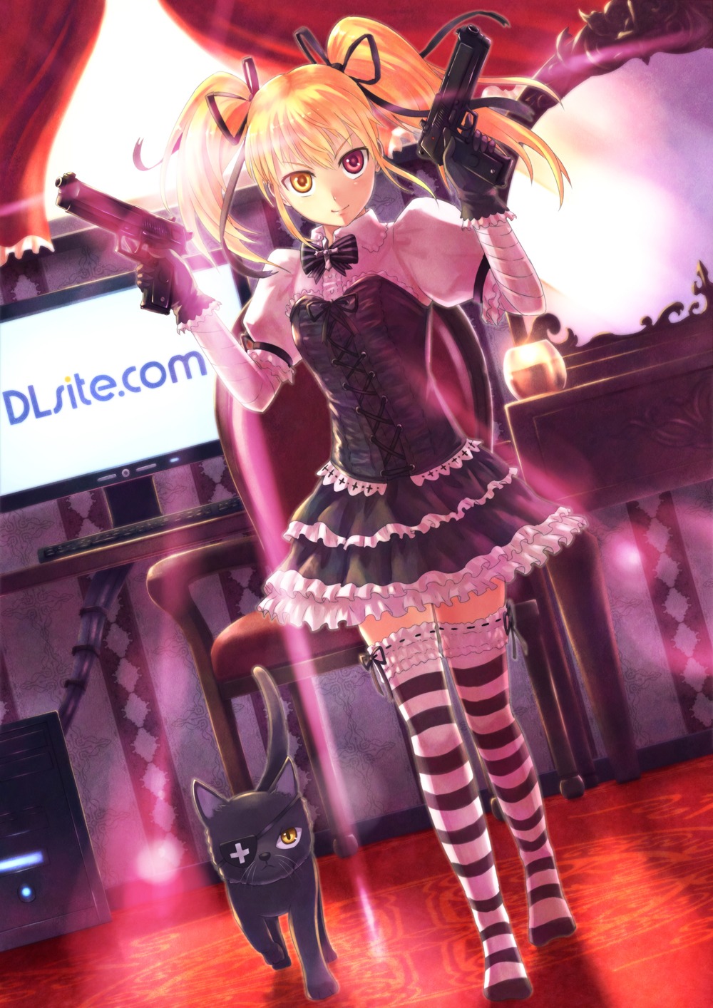 eyepatch, garter, gun, heterochromia, neko, shingo_(picturepuzzle), thighhighs