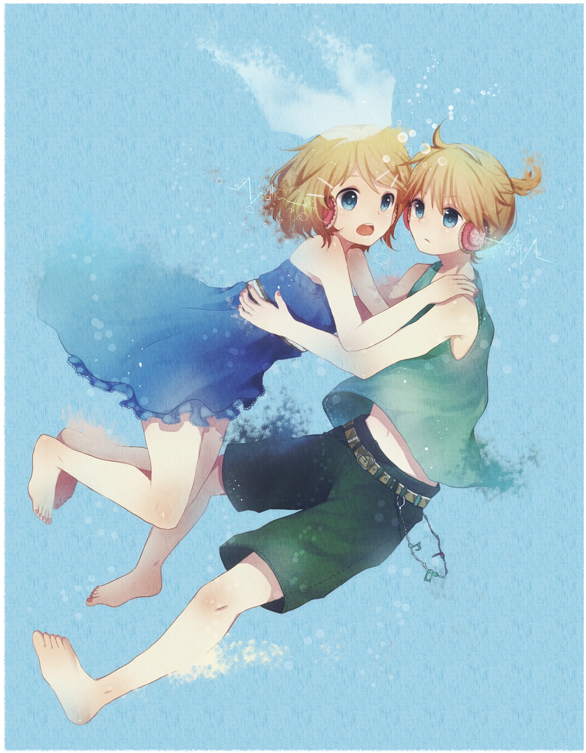 dress, fiute, headphones, kagamine_len, kagamine_rin, vocaloid