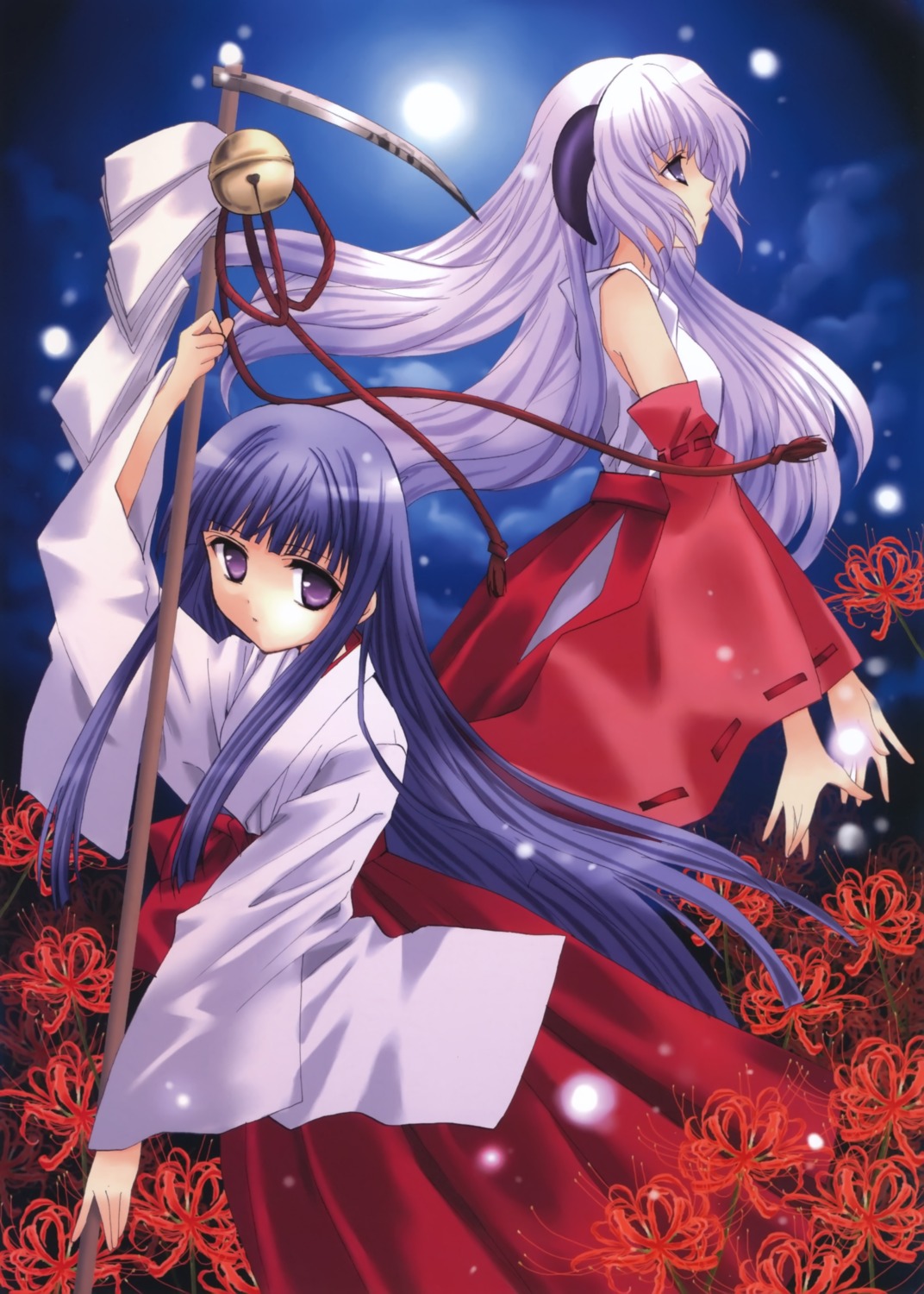 furude_rika, hanyuu, higurashi_no_naku_koro_ni, horns, houjou_yutori, miko