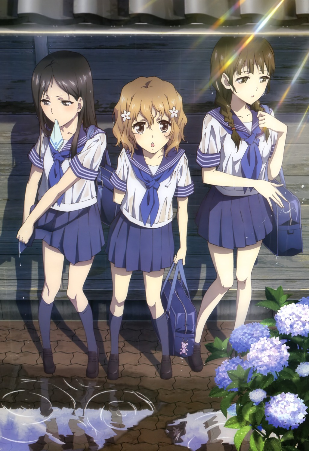 hanasaku_iroha, matsumae_ohana, ohigashi_yurie, oshimizu_nako, seifuku, tsurugi_minko, wet_clothes