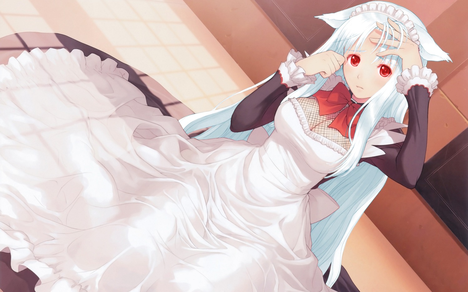 animal_ears, cleavage, dress, fishnets, kitsune, maid, rouna_murasame, sega
