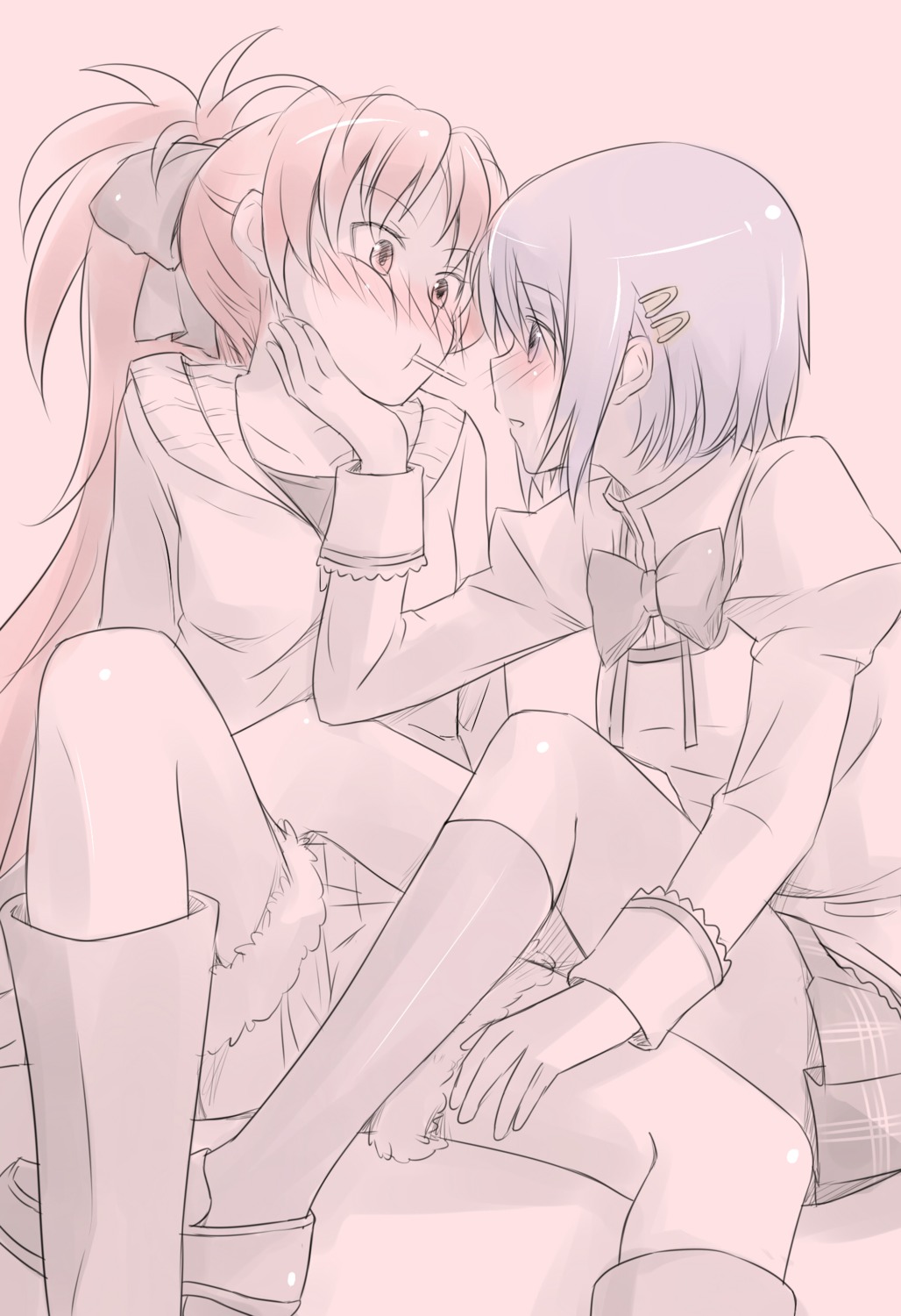 mahou_shoujo_madoka_magica, miki_sayaka, misu_kasumi, sakura_kyouko, seifuku, yuri