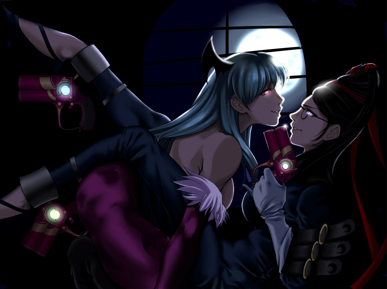 bayonetta, bayonetta_(character), bodysuit, crossover, dark_stalkers, gun, megane, morrigan_aensland, pantyhose, pleasure-treasure, wings, yuri