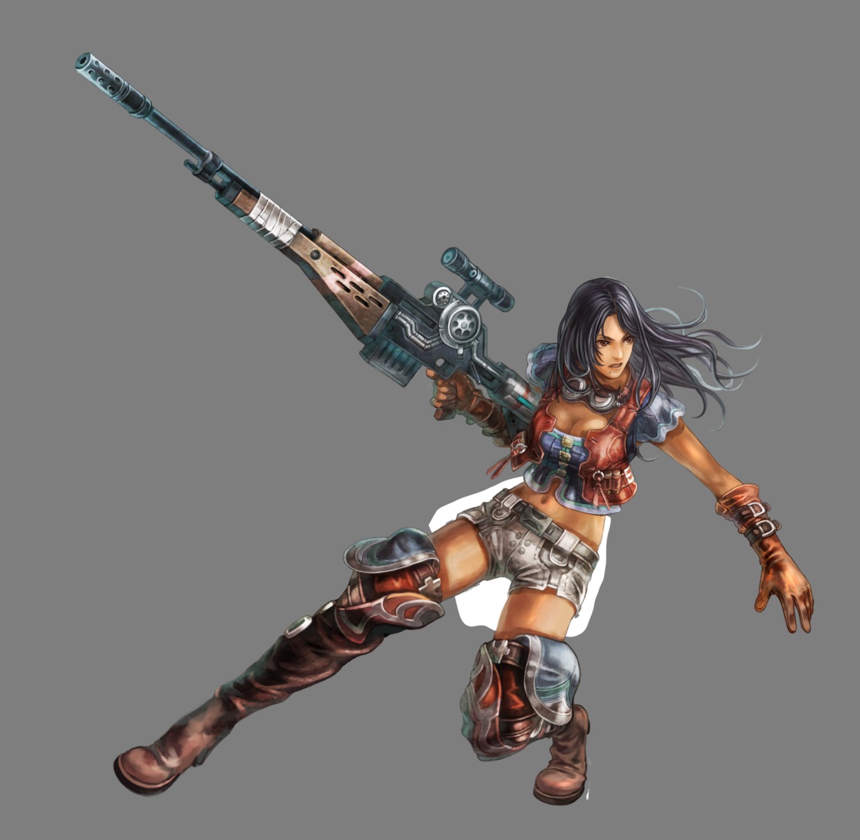 carna_(xenoblade), cleavage, gun, monolith_soft, nintendo, thighhighs, transparent_png, xenoblade, xenoblade_(series)