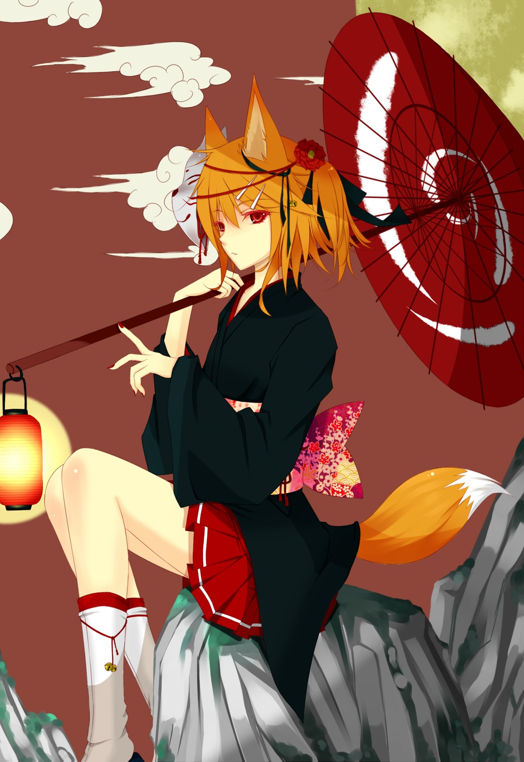 animal_ears, kagamine_rin, kitsune, liuli, tail, umbrella, vocaloid, yukata