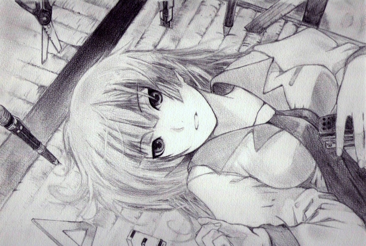 bakemonogatari, monochrome, monogatari_(series), paper_texture, seifuku, senjougahara_hitagi, shiomiya_iruka