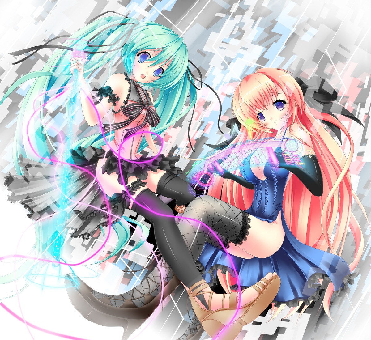 akairo_no_mako, cleavage, dress, hatsune_miku, megurine_luka, thighhighs, vocaloid