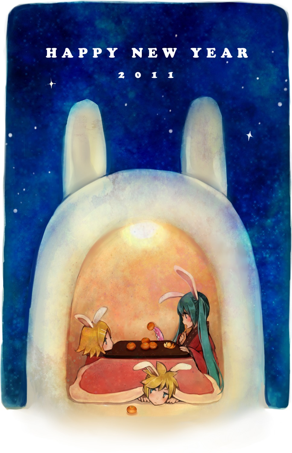 animal_ears, bunny_ears, hatsune_miku, japanese_clothes, kagamine_len, kagamine_rin, sususuyo, takoluka