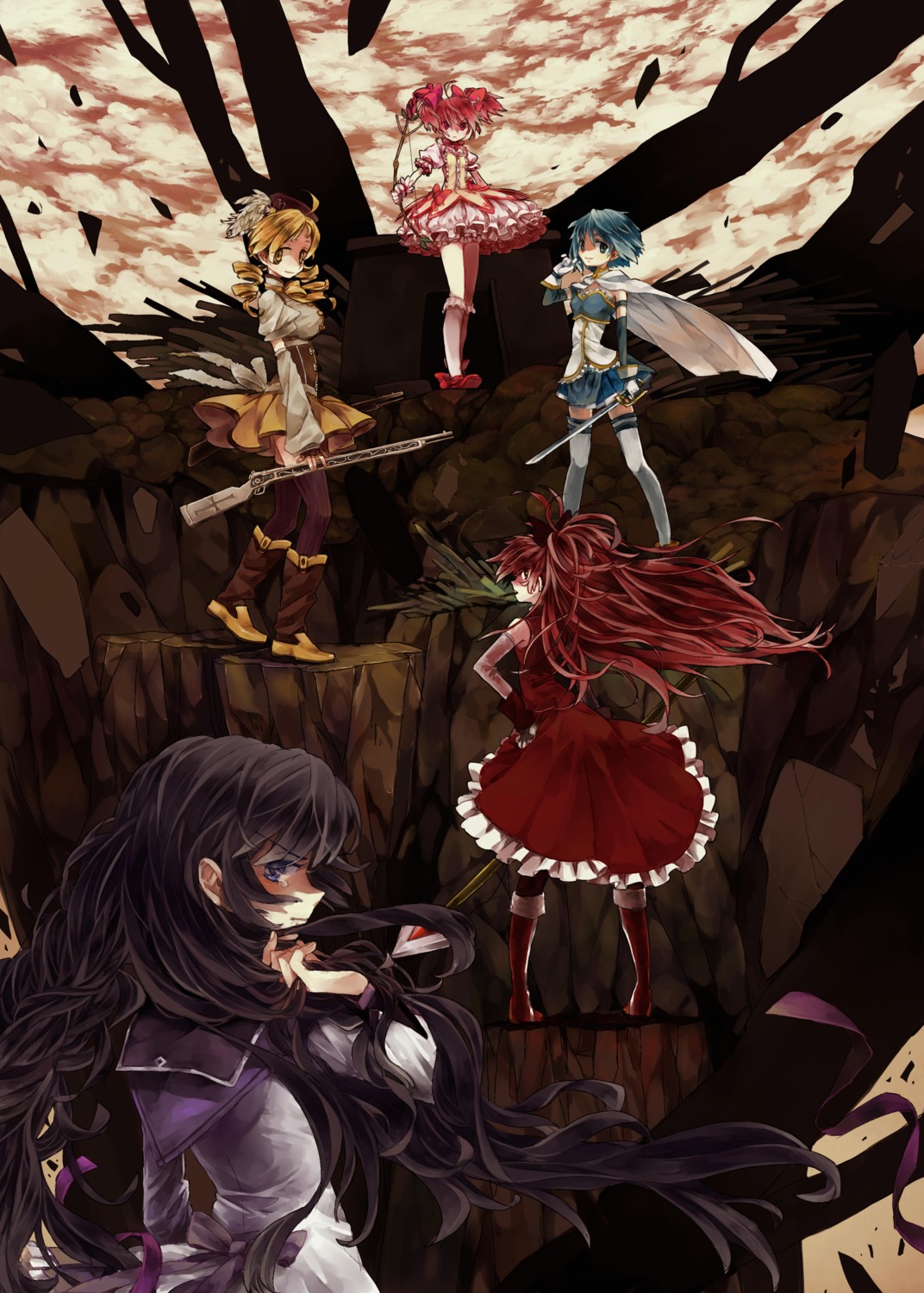 akemi_homura, gun, kaname_madoka, mahou_shoujo_madoka_magica, miki_sayaka, ogi, sakura_kyouko, tomoe_mami, weapon