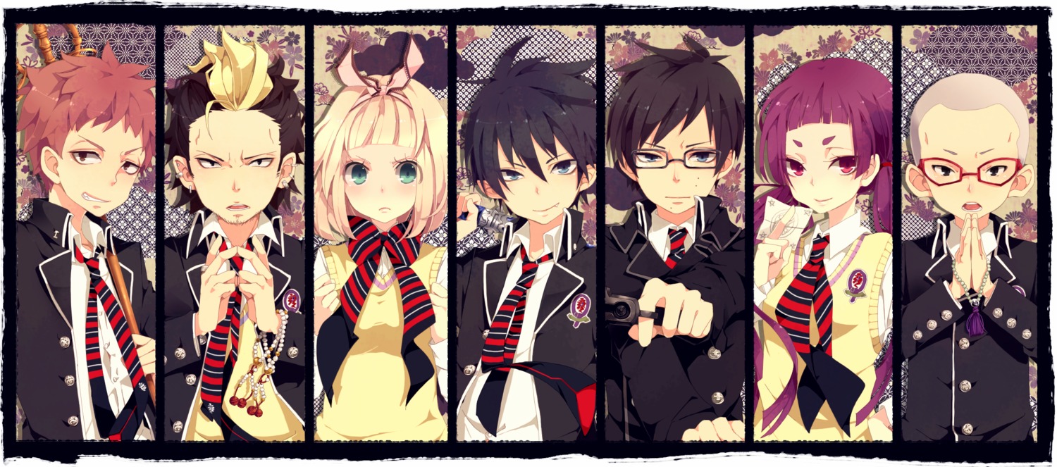ao_no_exorcist, gun, kamiki_izumo, megane, miwa_konekomaru, moriyama_shiemi, okumura_rin, okumura_yukio, seifuku, shima_renzou, suguro_ryuji, sword, utaoka_(23com)