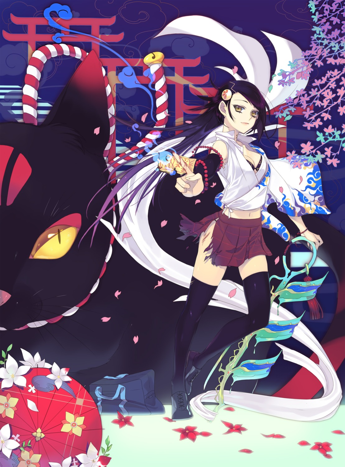 bra, enk, neko, open_shirt, thighhighs