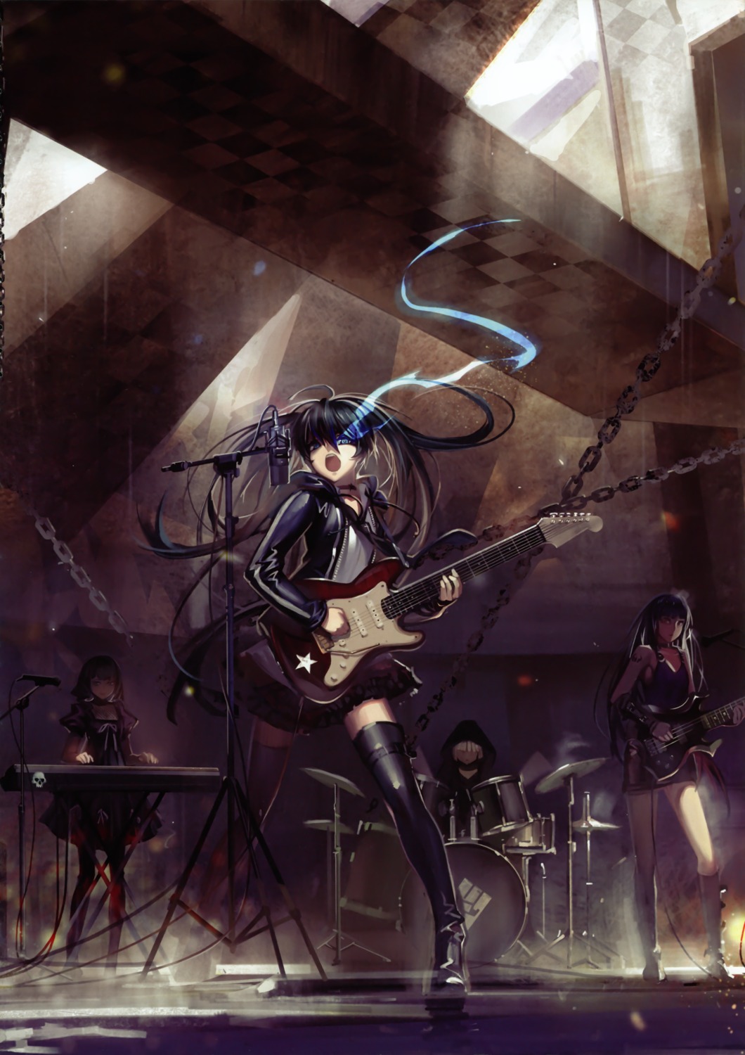 alphonse, black_gold_saw, black_rock_shooter, black_rock_shooter_(character), dead_master, guitar, strength, thighhighs, vocaloid, white_datura