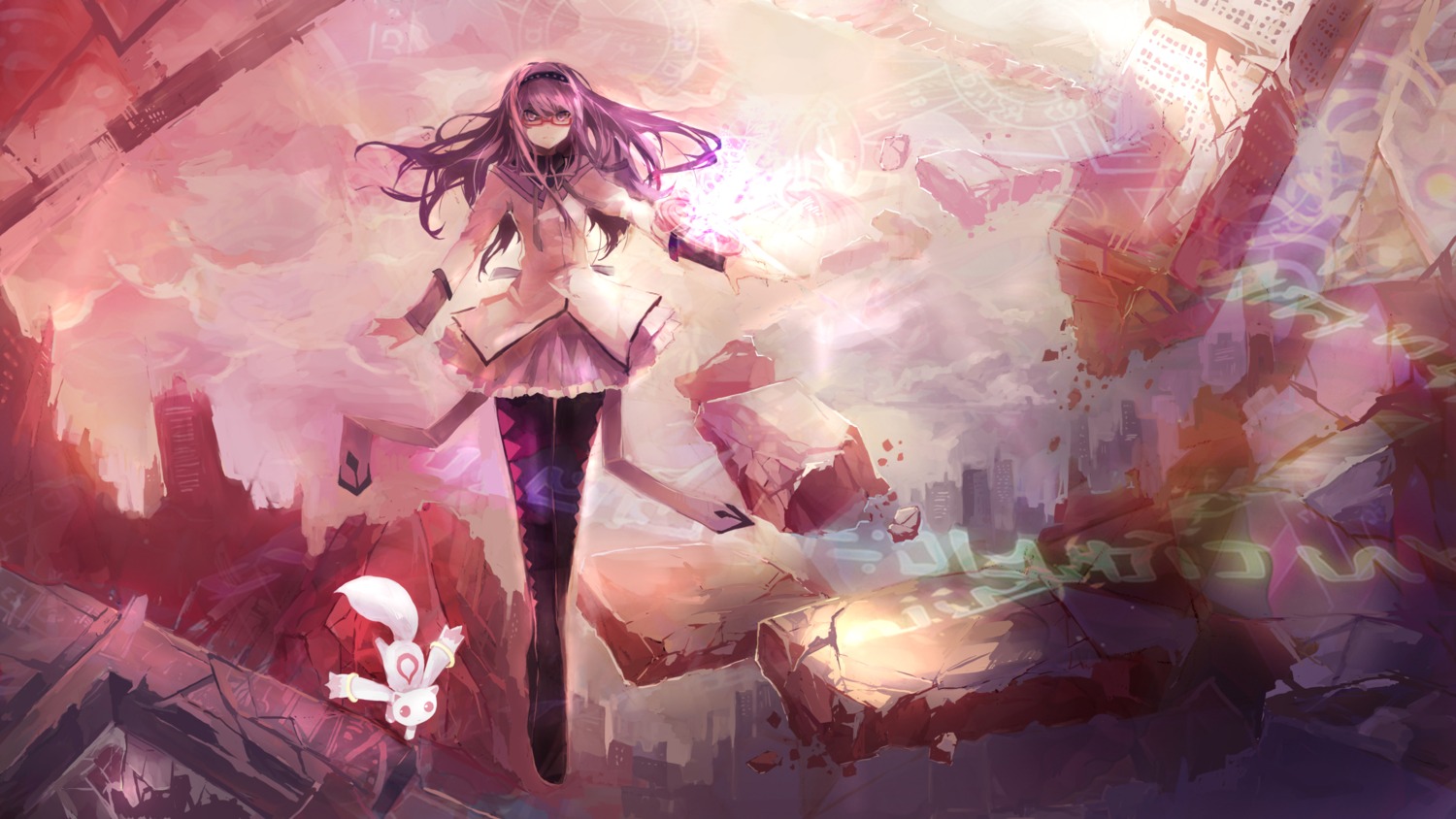 akemi_homura, kyubey, landscape, mahou_shoujo_madoka_magica, megane, pantyhose, zhuxiao517