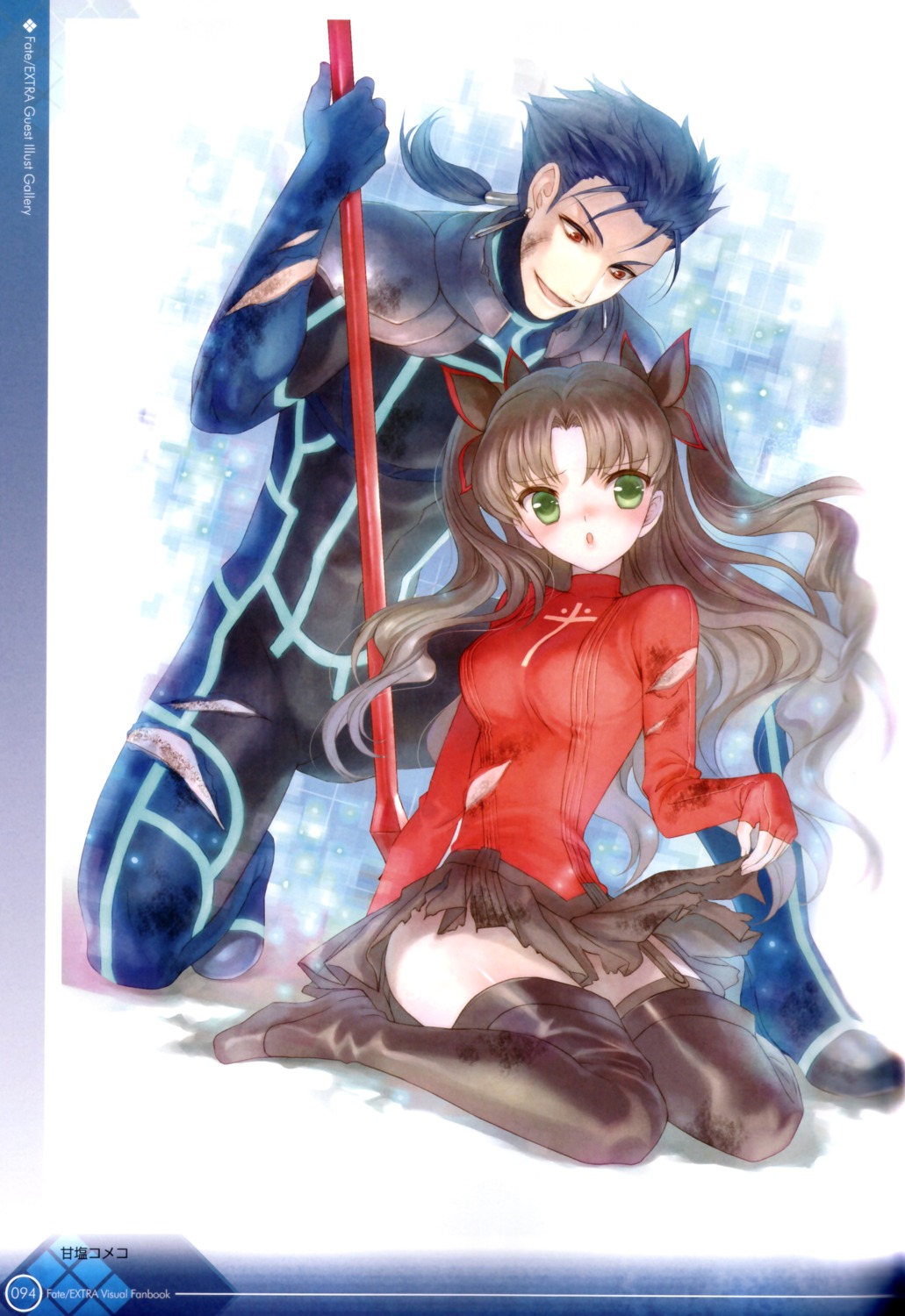 amajio_komeko, armor, cu_chulainn_(fate), fate/extra, fate/stay_night, heels, stockings, thighhighs, toosaka_rin, torn_clothes, type-moon, weapon