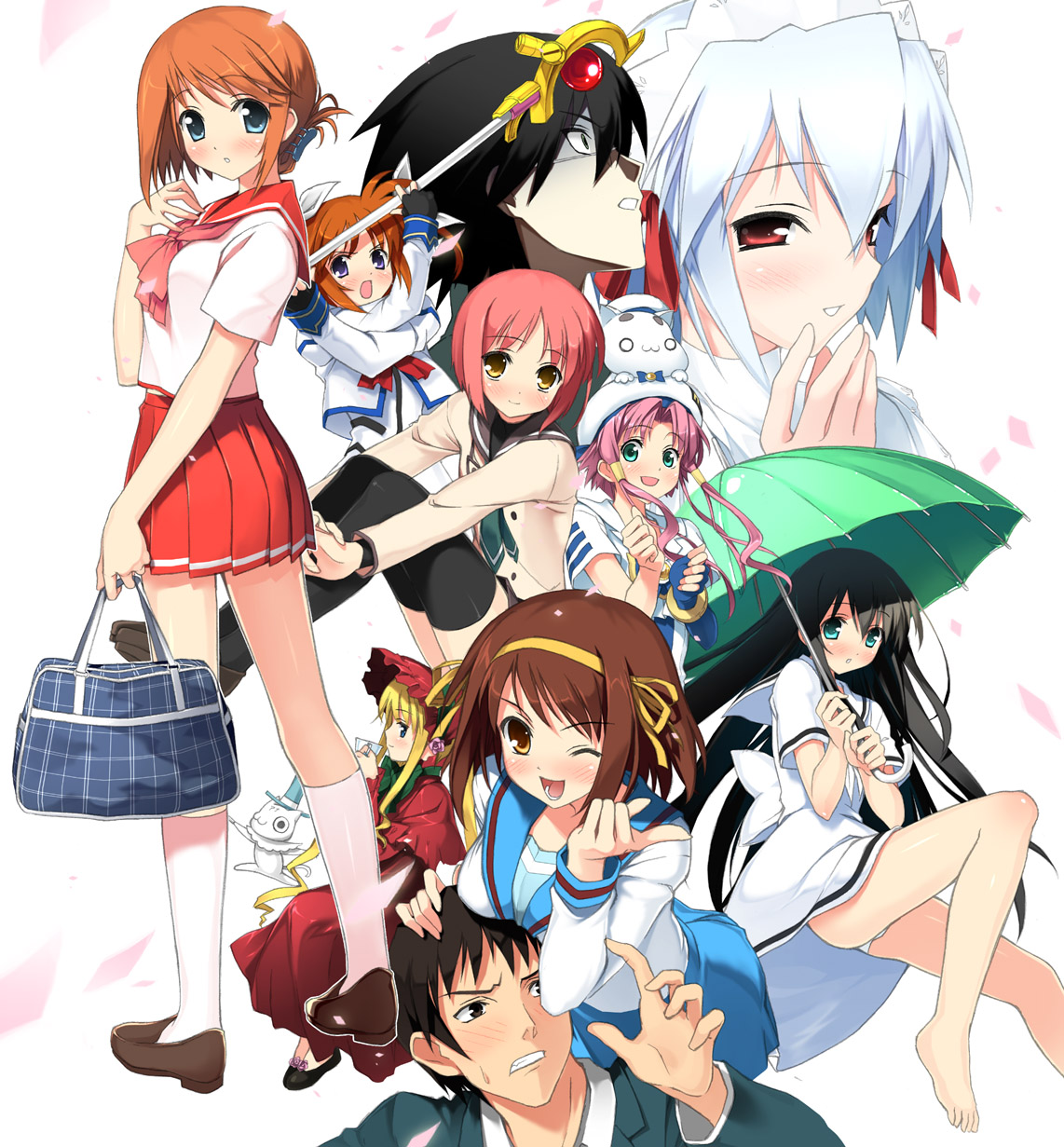 akino_momiji, amesarasa, aria, chiyokawa_rin, crossover, itoshiki_nozomu, kantoku, kyon, mahou_shoujo_lyrical_nanoha, mahou_shoujo_lyrical_nanoha_a's, mizunashi_akari, pantsu, president_aria, rozen_maiden, sakura_musubi, sayonara_zetsubou_sensei, seifuku, shinku, suigetsu, suzumiya_haruhi, suzumiya_haruhi_no_yuuutsu, takamachi_nanoha, to_heart_(series), to_heart_2
