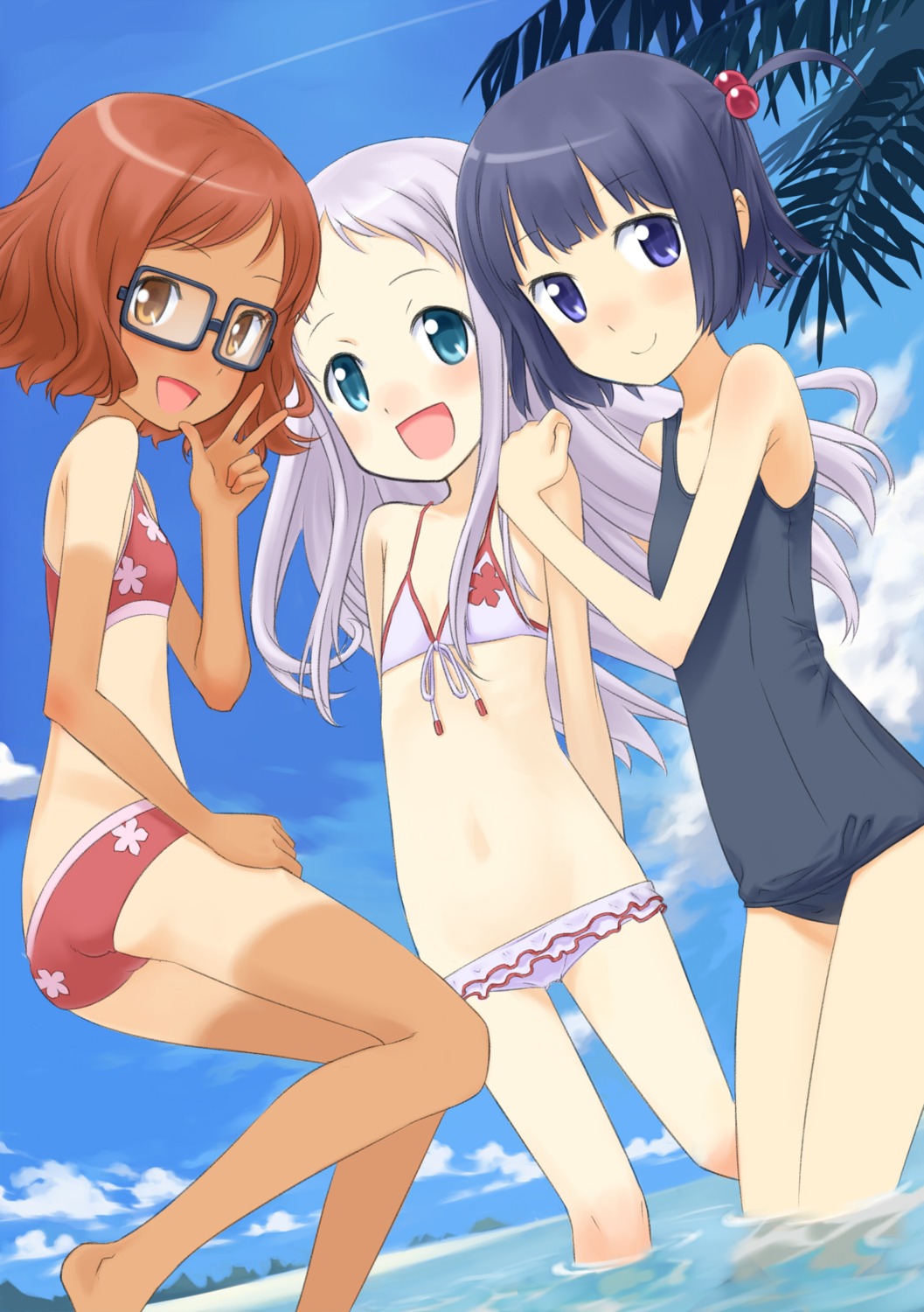 anjou_naruko, ano_hi_mita_hana_no_namae_wo_bokutachi_wa_mada_shiranai, bikini, buntan, honma_meiko, megane, school_swimsuit, swimsuits