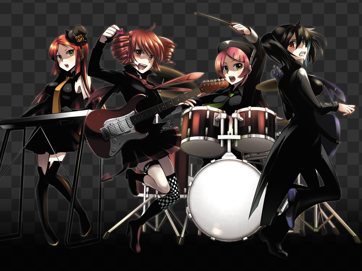 caffein, garter, guitar, kasane_teto, momone_momo, namine_ritsu, thighhighs, trap