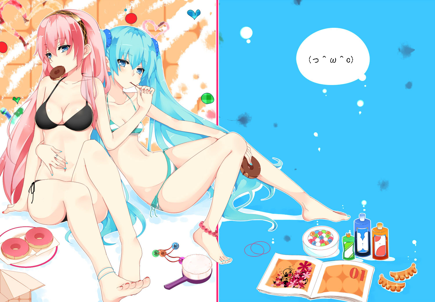 bikini, cleavage, hatsune_miku, jpeg_artifacts, megurine_luka, nuko_(mikupantu), swimsuits, vocaloid