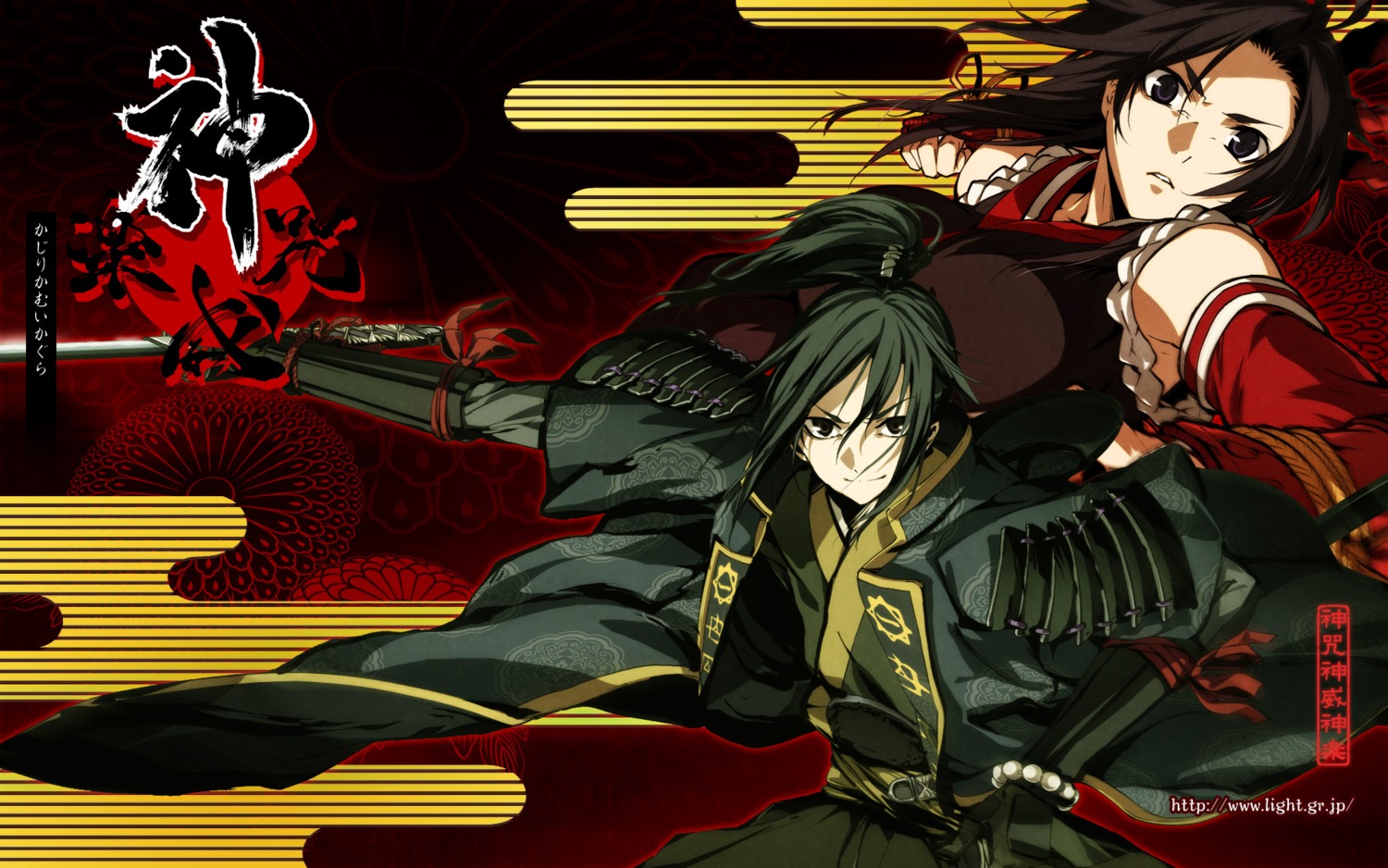 armor, g_yuusuke, kajiri_kamui_kagura, kujou_shiori, light, mibu_soujirou, sword, wallpaper