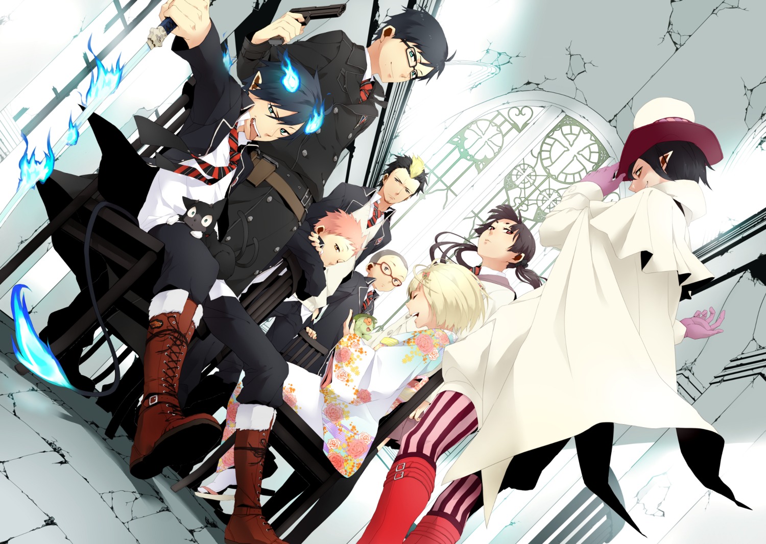 ao_no_exorcist, fumiko, kamiki_izumo, kuro_(ao_no_exorcist), mephisto_pheles, miwa_konekomaru, moriyama_shiemi, okumura_rin, okumura_yukio, shima_renzou, suguro_ryuji, sword