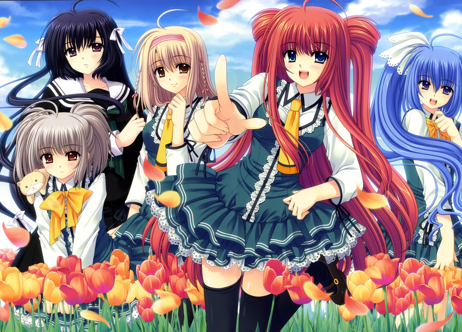 hananomiya_ako, kona_nako, munemoto_tsubakiko, neko, nishimata_aoi, seifuku, sekai_seifuku_kanojo, thighhighs, tono_sakurako, yamino_yumeko