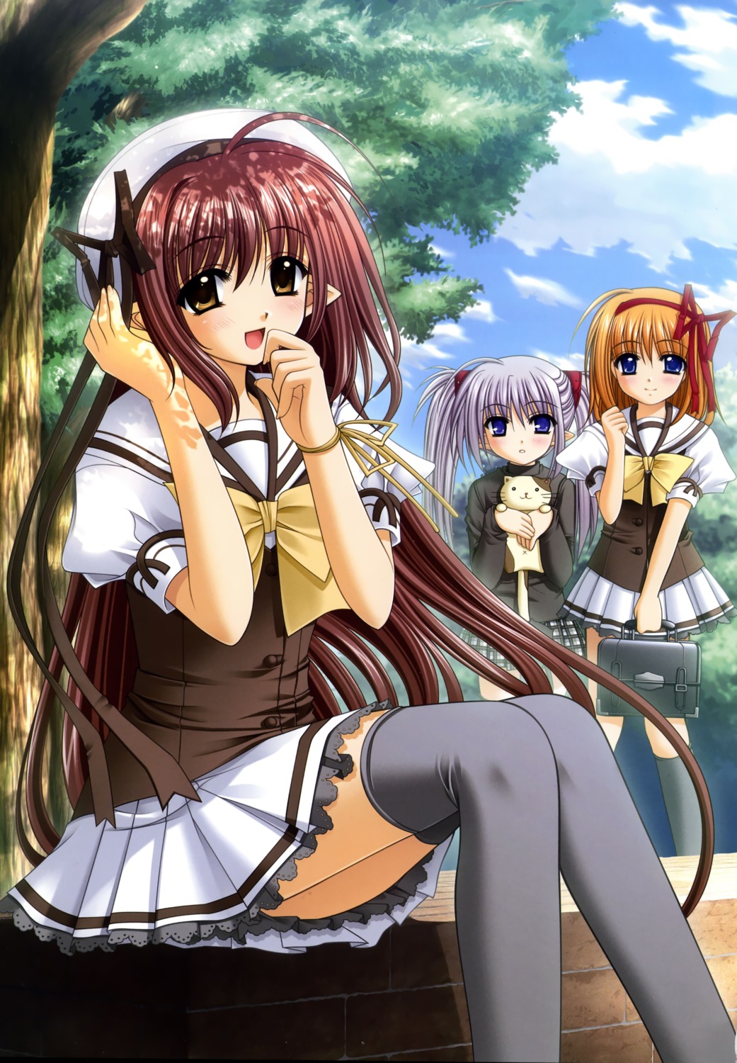 fuyou_kaede, lisianthus, nishimata_aoi, pointy_ears, primula, seifuku, shuffle, thighhighs