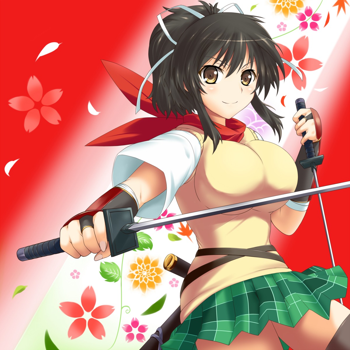 asuka_(senran_kagura), nishiumi_yuuta, seifuku, senran_kagura, sweater, sword, thighhighs