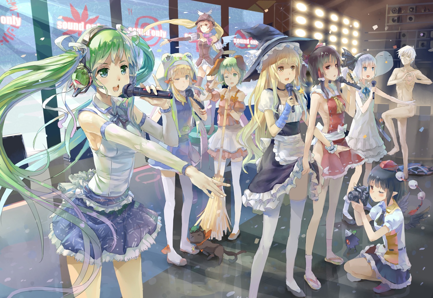 77gl, ano_hi_mita_hana_no_namae_wo_bokutachi_wa_mada_shiranai, chen, cosplay, crossover, hakurei_reimu, kasodani_kyouko, kirisame_marisa