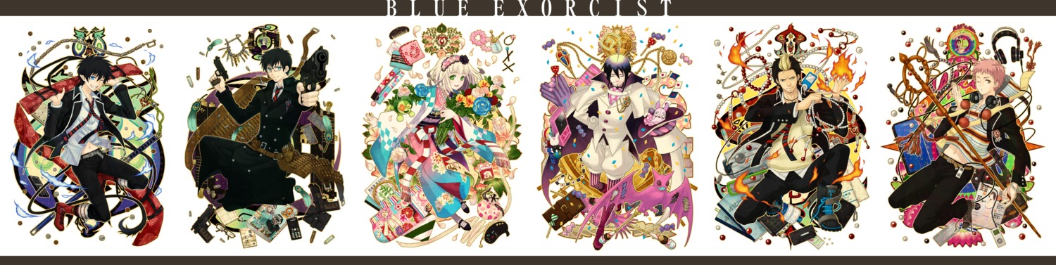 ao_no_exorcist, gun, headphones, japanese_clothes, mephisto_pheles, moriyama_shiemi, okumura_rin, okumura_yukio