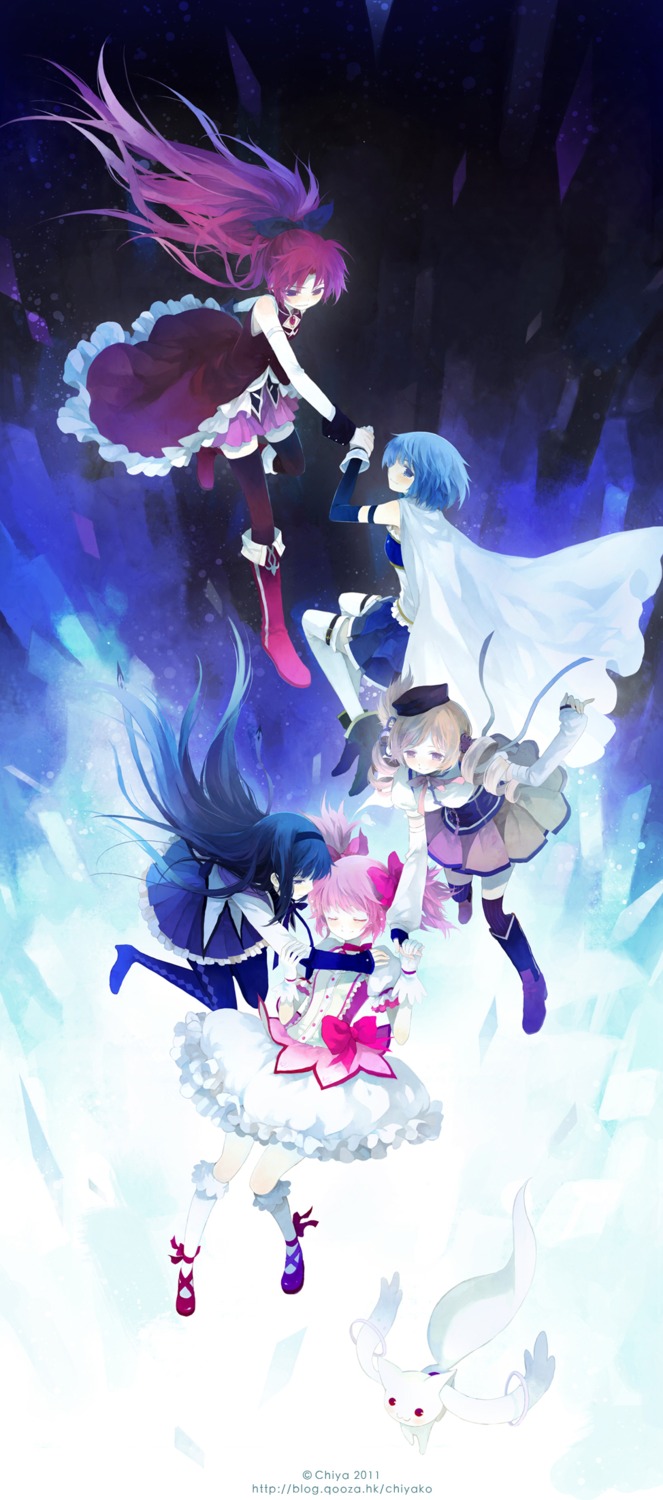akemi_homura, chiya, kaname_madoka, kyubey, mahou_shoujo_madoka_magica, miki_sayaka, sakura_kyouko, thighhighs