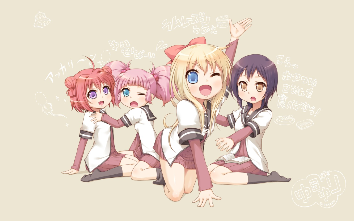 akaza_akari, funami_yui, masamaru, seifuku, toshinou_kyouko, wallpaper, yoshikawa_chinatsu, yuru_yuri