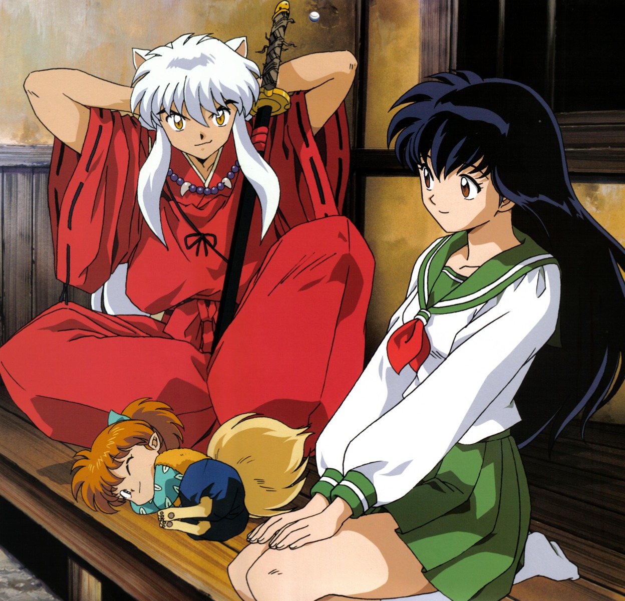 animal_ears, higurashi_kagome, inumimi, inuyasha, inuyasha_(character), japanese_clothes, seifuku, shippo